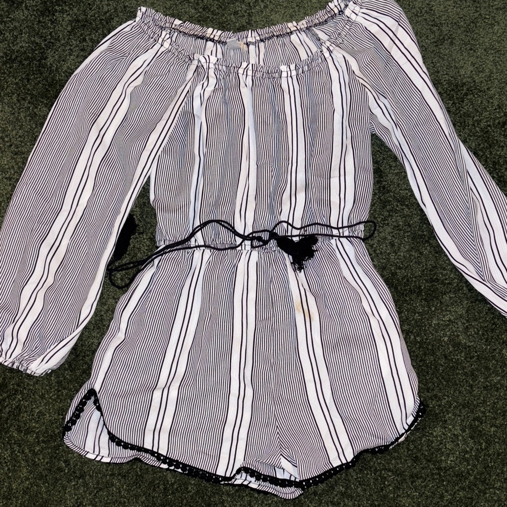Striped Black & White Women's Ronper with Waist Tie